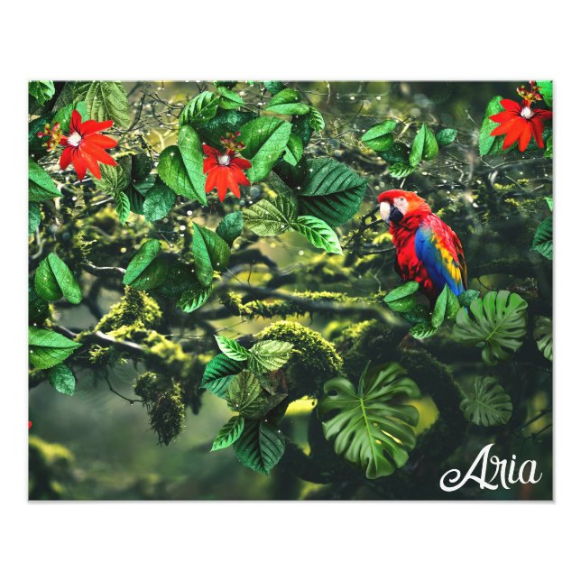 Impression Photo Parrot écarlate macaw dans la jungle avec des fleu (Devant)