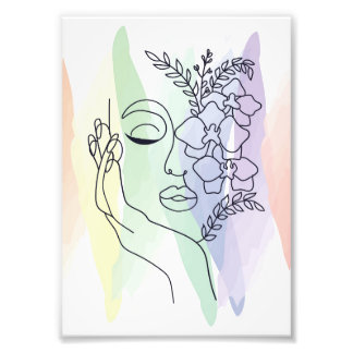 Impression Photo Pastel Floral Line Art Face Mur Imprimé Art