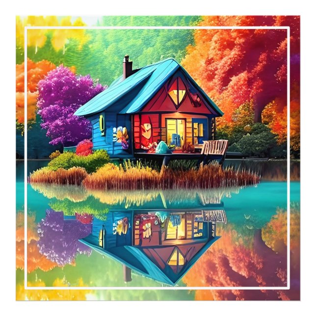 Impression Photo Paysage naturel avec lac, chalet, automne (Devant)