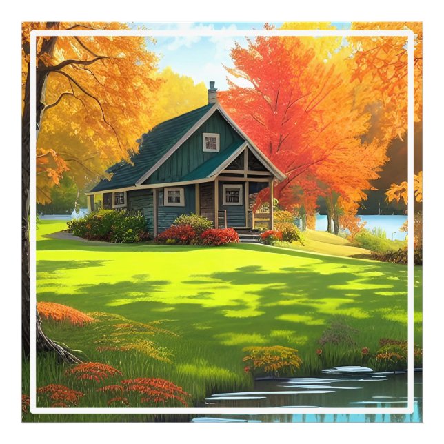 Impression Photo Paysage naturel avec lac et chalet (Devant)