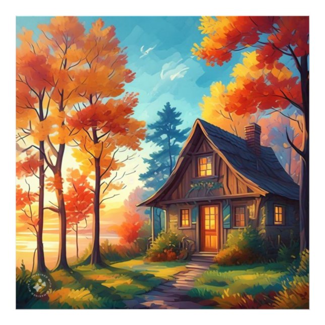 Impression Photo Paysage naturel avec un chalet dans la forêt (Devant)