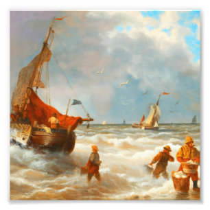 Impression Photo Pêcheurs vintage et bateaux à voile Mer agitée