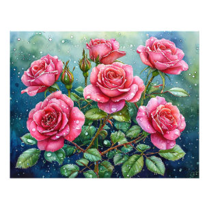 Impression Photo Peinture à l'aquarelle de roses roses avec des gou