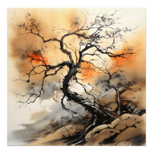 Impression Photo Peinture à l'encre d'arbre noir orange