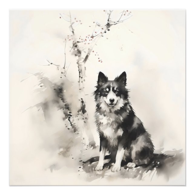 Impression Photo Peinture à l'encre de chien et d'arbre (Devant)