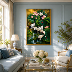 Impression Photo Peinture à l'huile élégante de lotus et de grue as