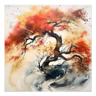 Impression Photo Peinture Abstraite d'encre d'arbre d'automne