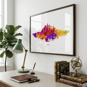 Impression Photo Peinture aquarelle de la skyline de Chicago sur fo