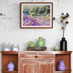 Impression Photo Peinture aquarelle d'un champ de lavande