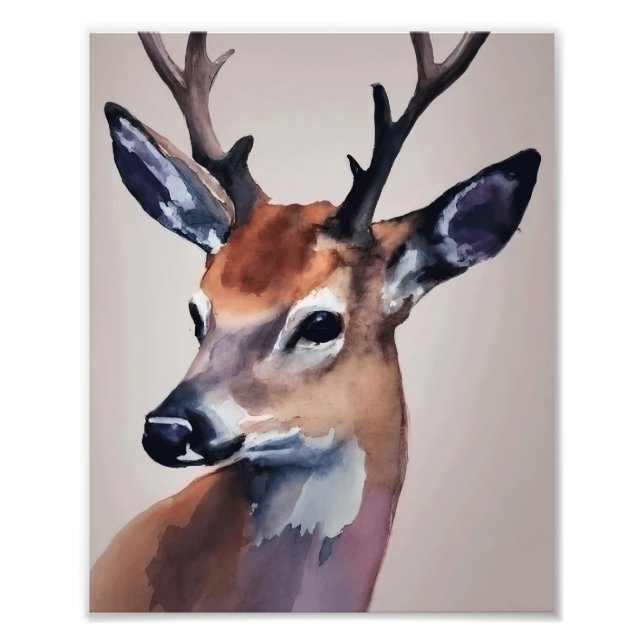 Impression Photo Peinture d'aquarelle Wild Deer Portrait, Cerf (Devant)