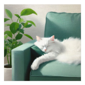 Impression Photo Peinture de chat dormant sur un canapé vert
