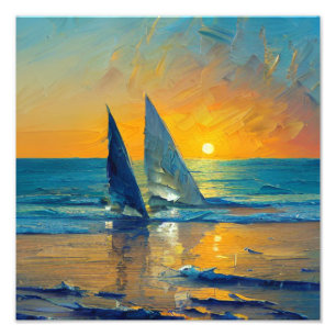 Impression Photo Peinture de voiliers au coucher de soleil enflammé