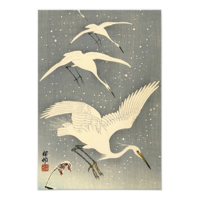Impression Photo Perching Herons in Snow par Ohara Koson (Devant)
