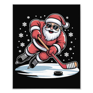 Impression Photo Père Noël de Noël drôle jouant au hockey sur glace