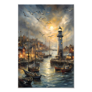 Impression Photo Phare côtier et village balnéaire Sunset Art