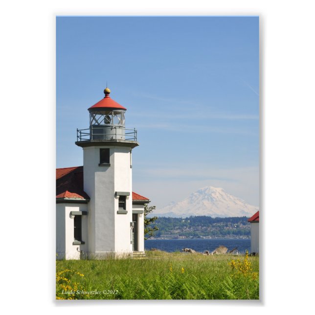 Impression Photo Phare Robinson 5X7 avec Mont Rainier (Devant)