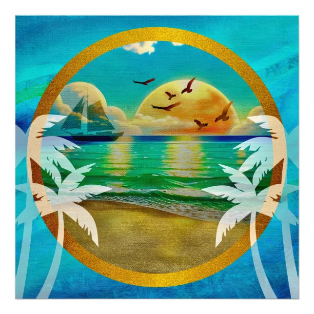 Impression Photo Plage Tropicale Moderne Palmiers Coucher de Soleil (Devant)