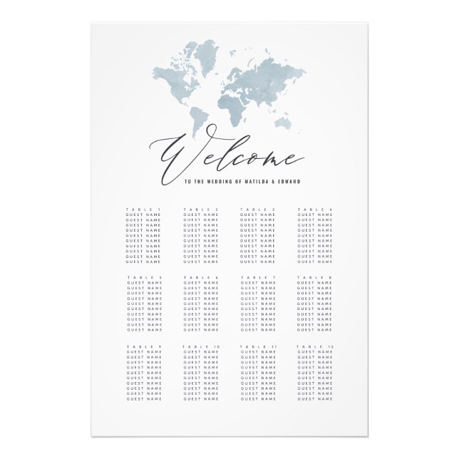 Impression Photo Plan de sièges mariage de l'aquarelle bleue (Devant)