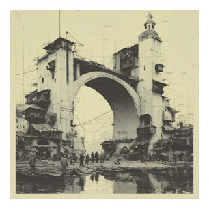 Impression Photo Pont arch en sépia vintage sur un marché fluvial