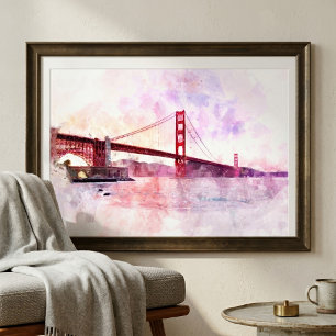 Impression Photo Pont Golden Gate aquarelle au coucher du soleil
