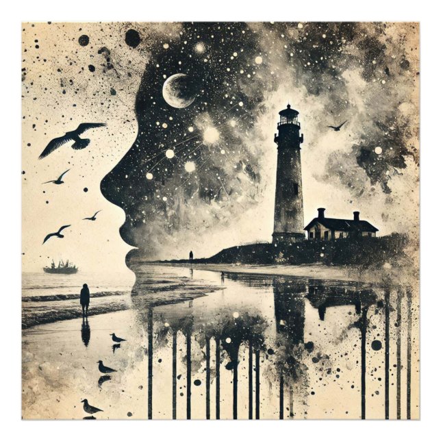 Impression Photo Portrait à double exposition avec phare de ciel ét (Devant)