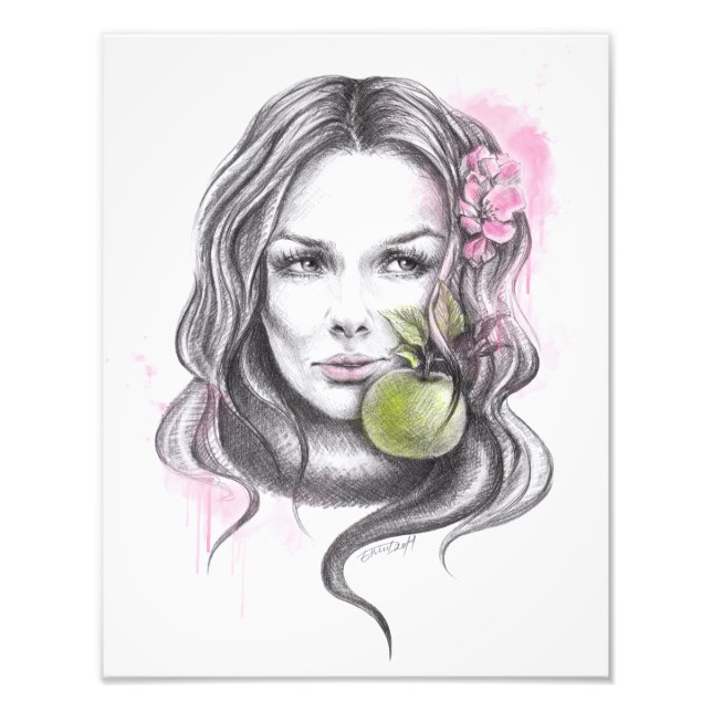 Impression Photo Portrait de femme avec pomme et fleur Art Surreal (Devant)