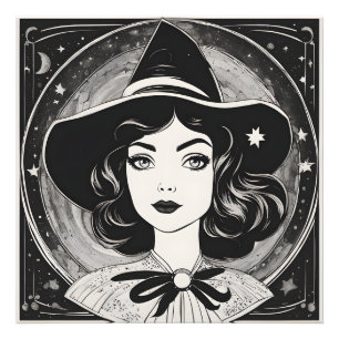 Impression Photo Portrait de sorcière vintage noir et blanc rétro