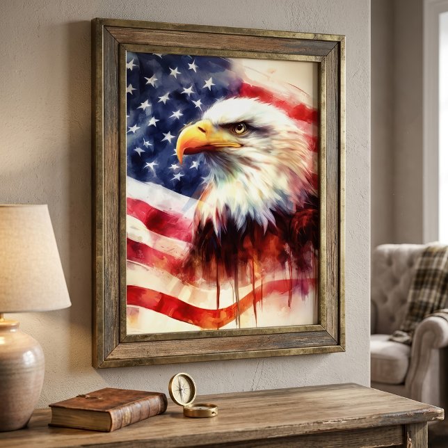 Impression Photo Portrait majestueux de l'aigle américain avec le d (Majestic Bald Eagle Portrait with American Flag. Photo Print)