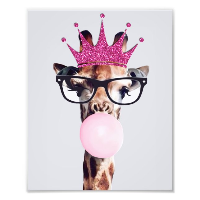 Impression Photo Princesse girafe soufflant un bubble gum rose (Devant)