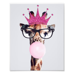 Impression Photo Princesse Giraffe soufflant rose bulle gomme