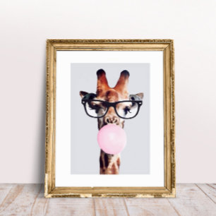 Impression Photo Princesse Giraffe soufflant rose bulle gomme