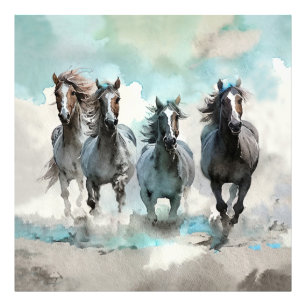 Impression Photo Quatre mustangs sauvages galopent à travers la pra