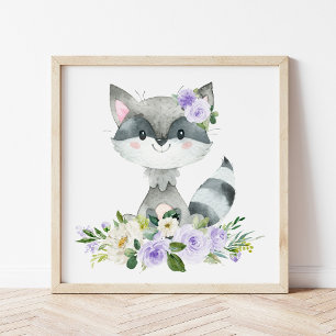 Impression Photo Raccoon, Animaux De Bois, Boho, Fleurs Violettes