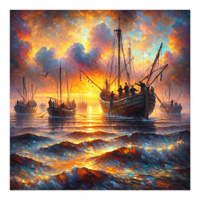 Impression Photo Récupération des pêcheurs au coucher du soleil (Devant)