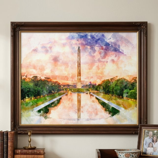 Impression Photo Reflet du coucher de soleil aquarelle du Monument  (Washington Monument Watercolor Sunset Reflection. Photo Print)