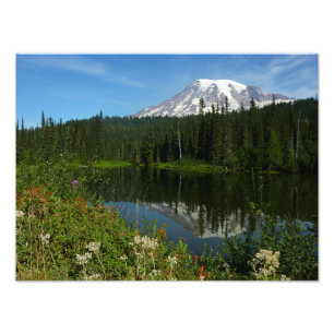 Impression Photo Reflet du lac du mont Rainier avec des fleurs sauv