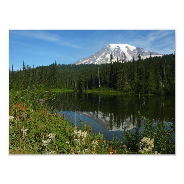 Impression Photo Reflet du lac du mont Rainier avec des fleurs sauv (Devant)