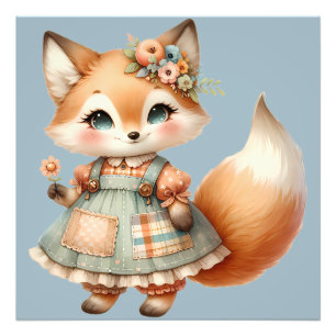 Impression Photo Renard pastel floral Cottagecore fantaisiste