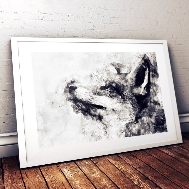 Impression Photo Renard roux noir et blanc aquarelle 01 (Red Fox Black and White Watercolor 01. Photo Print )