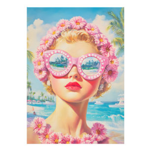 Impression Photo Retro Beach Girl avec lunettes de soleil florales