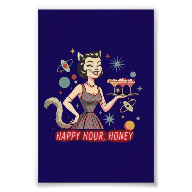 Impression Photo Rétro Pin-Up Chat Atomique | "Happy Hour, Chérie"  (Devant)