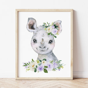 Impression Photo Rhino, Safari, Fleurs violettes, Neutre Genre