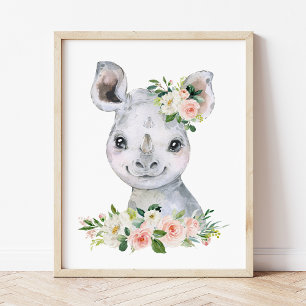Impression Photo Rhino, Safari, Jungle, Fleurs roses, Petite Fille