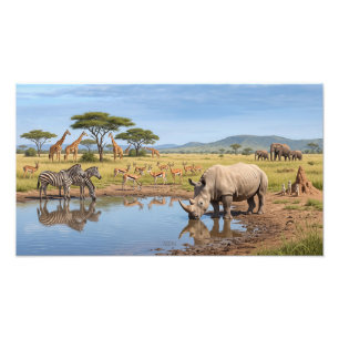 Impression Photo Rhinocéros buvant au point d'eau dans la savane Ph