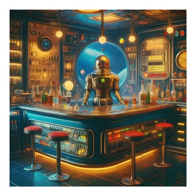 Impression Photo Robot Bartender in Interstellar Space Age Dive Bar (Devant)