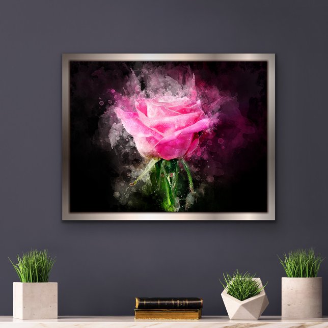 Impression Photo Rose roseau aquarelle sur fond noir (Pink Rose Watercolor on Black Background. Photo Print)