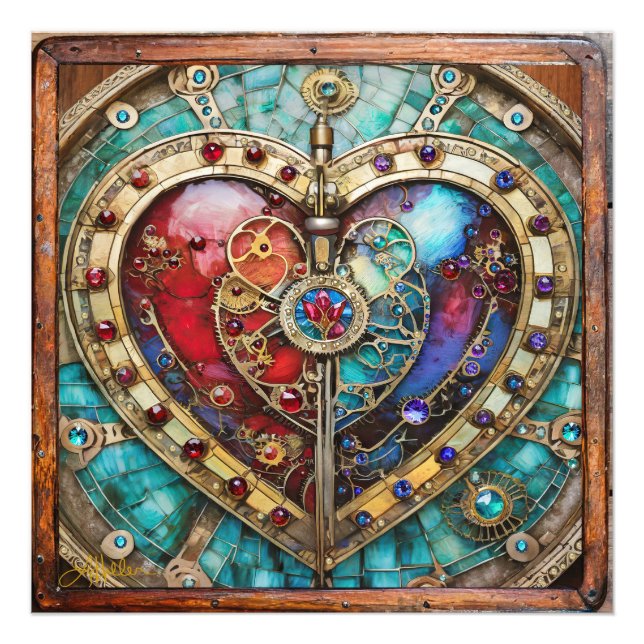 Impression Photo Rouge & Bleu Vitrail Heart Steampunk Series (Devant)