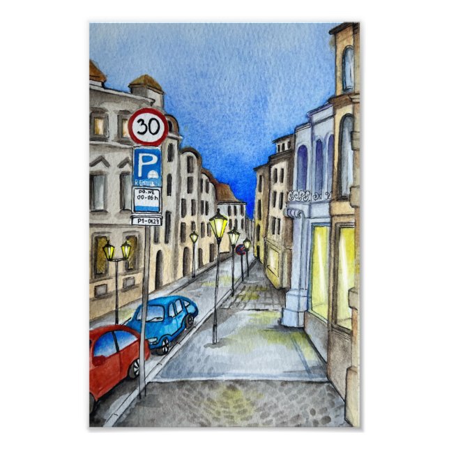 Impression Photo Rue nocturne de Prague, aquarelle (Devant)