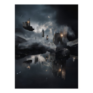 Impression Photo Ruines gothiques flottantes Miroir cosmique Nuit