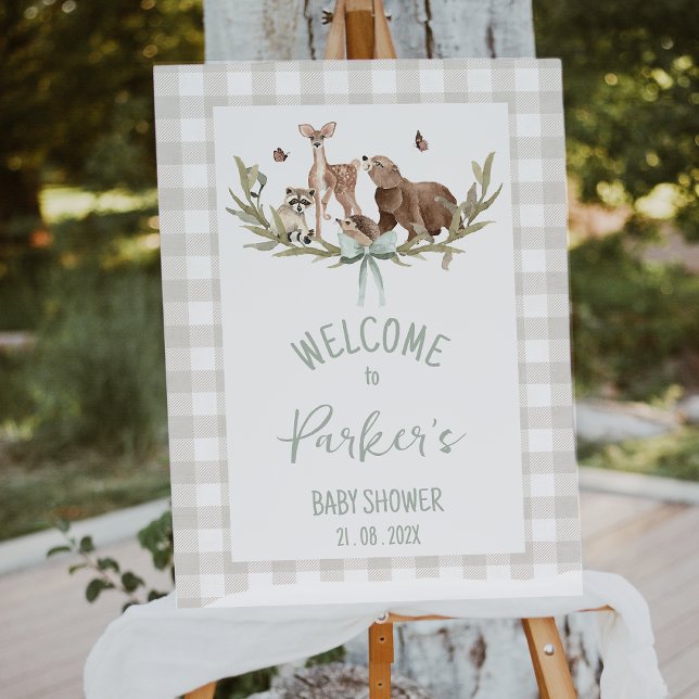 Impression Photo Rustic Beige Woodland Baby Shower Welcome Sign (Woodland Baby Shower Welcome Sign, Rustic Woodland Baby Shower Welcome Sign Beige, Gingham Pattern)